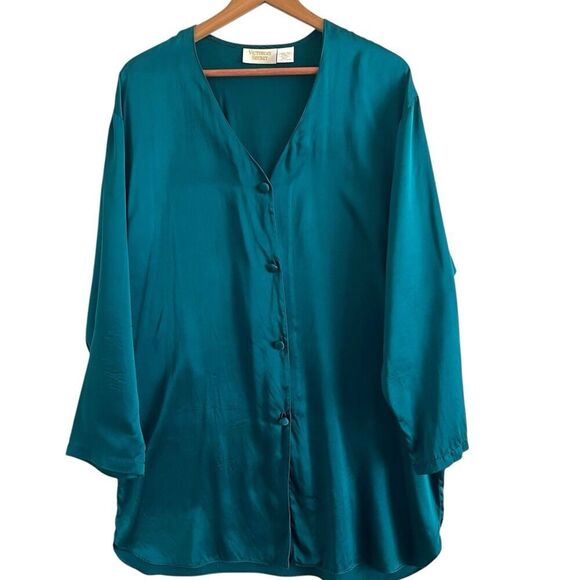 Victorias Secret vintage Gold Label Silk Sleep Shirt M Emerald Green Nightgown - Picture 1 of 9